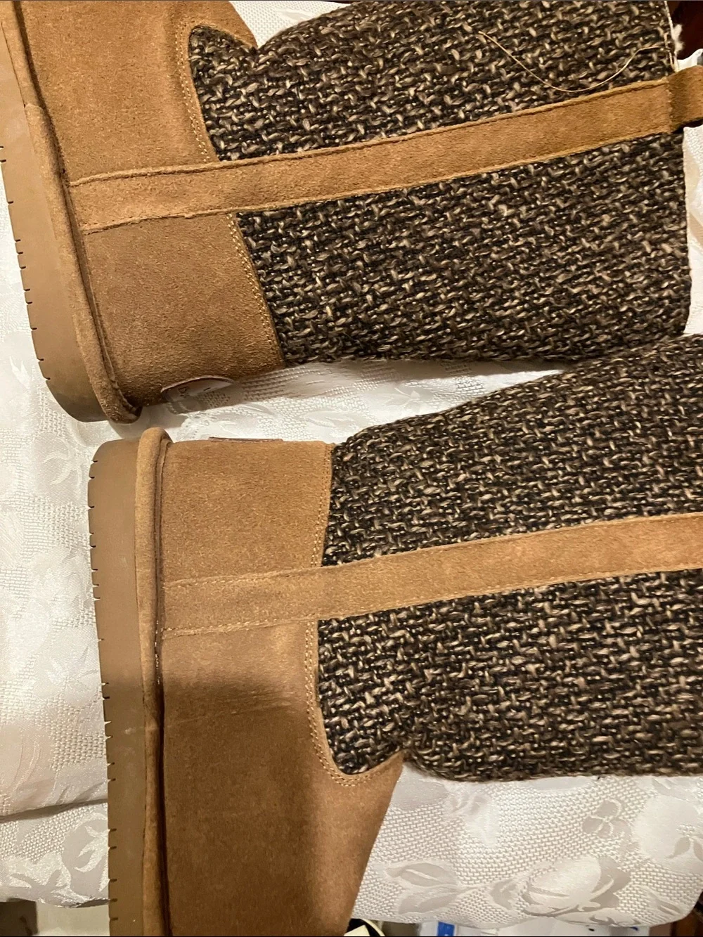 BearPaw Tan Suede and Charcoal Knit Winter Boots